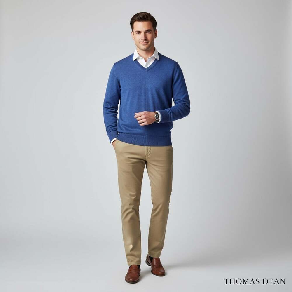 Thomas Dean Extra Fine Merino V-Neck Sweater Men L Blue Quiet Luxury
